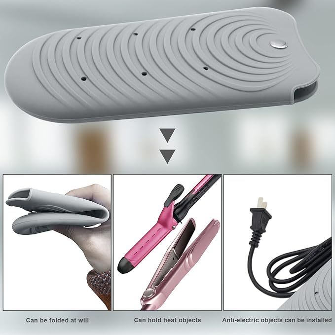 Heat Resistant Silicone Mat Pouch for Hair Styling Tools, Curling and Flat Irons Non-Slip Travel Cover, Small Portable Straightener Pad for Curler Wands Storage, Hot Waver (Grey)