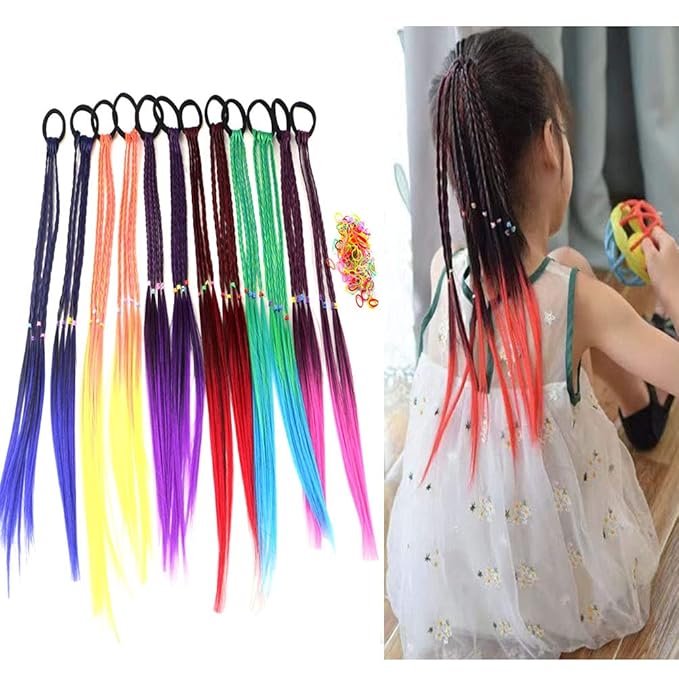 Colored Braids Hair Extensions with Rubber Bands Rainbow Braided Synthetic Hairpieces Ponytail Hair Accessories for Women Kids Girls Party Highlights Cosplay Dress Up (12PCS B Style)