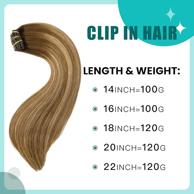 SURNEL Clip in Hair Extensions Real Human Hair Chocolate Brown to Caramel Blonde Clip in Hair Extensions 20inch 120g(20, #4/27/4)