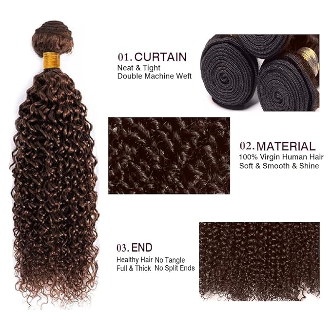 Color 4 Kinky Curly Bundles Human Hair Dark Brown Bundle Niegmeag Virgin Soft and Skily Remy Hair 3 Bundles 20 22 24 Inch Double Weft Hair Weave