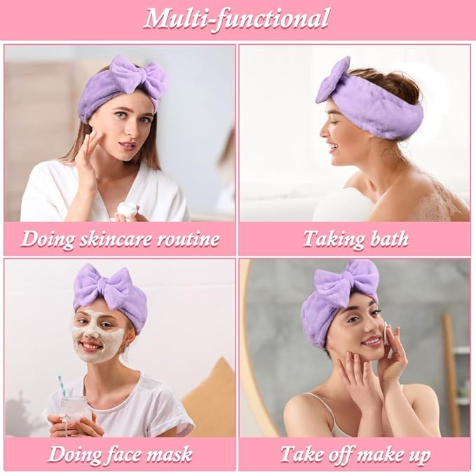 Shintop Spa Headband, Soft Makeup Headband with Cute Bow Elastic Face Wash Hairband for Skincare Facial Mask Showers（Purple）