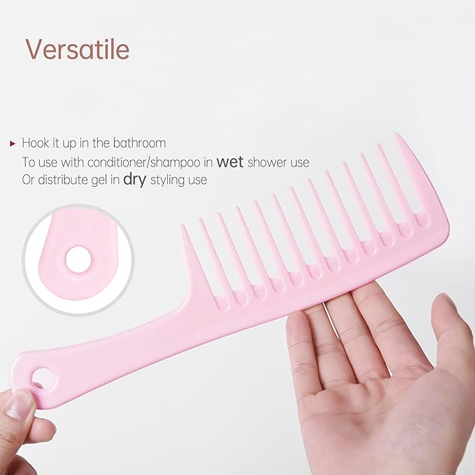 Wide Tooth Comb for Women Curls Styling, Pink Large Hair Comb for Wet or Dry Use in Shower, Blow Drying, Travel - Hurt-Free Brushing on All Hair Types, 1 Pack