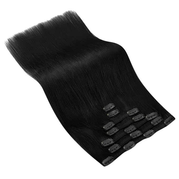 Ve Sunny Human Hair Clip in Extensions, Clip in Extensions Real Human Hair, Black Clip in Hair Extensions Straight Hair Extensions for Thin Hair 16inch 120g 7pcs