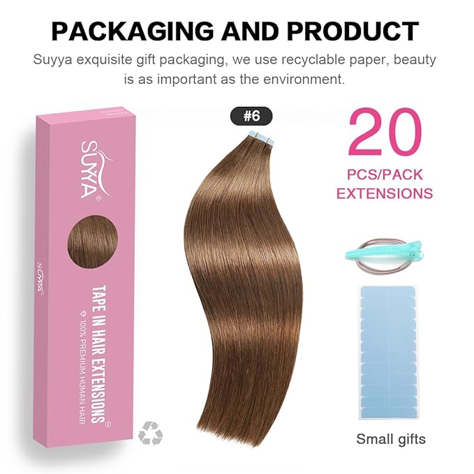 SUYYA Tape in Hair Extensions Chestnut Brown 100% Real Human Hair 12inches 20pcs 40g/pack Straight Seamless Skin Weft Tape Hair Extensions(12 inches #6 Medium Brown)
