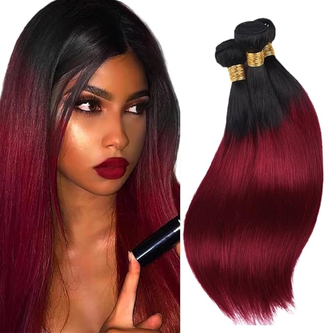Ombre Human Hair Bundles 1B99J Straight Bundle Niegmeag Brazilian Virgin Remy Hair 3 Bundles 26 28 30 Inch 2 Tone Black and Burgundy Straight Bundle 150g