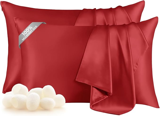 THXSILK Set of 2 100% Pure Mulberry Silk Pillowcases for Hair and Skin - Real Grade 6A+ Mulberry Silk - Durable, Soft and Anti-Aging Silk Pillow Cases with Zipper(King Size 20"x36", Red)