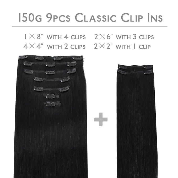 WENNALIFE Clip in Hair Extensions Real Human Hair, 18 Inch 150g 9pcs Jet Black Remy Hair Thicker Double Weft Extensiones De Cabello Humano Con Clip Ins Straight Full Volume