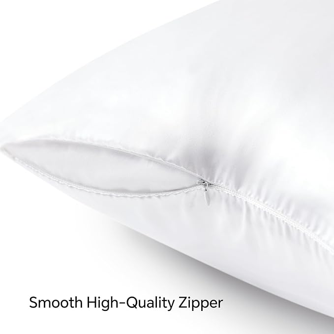 BEDELITE Satin Pillowcase with Zipper, White Pillow Cases Queen Size Set of 2, Super Soft and Cooling Similar to Silk Pillow Cases, Gift for Women Men(20x30 Inches)