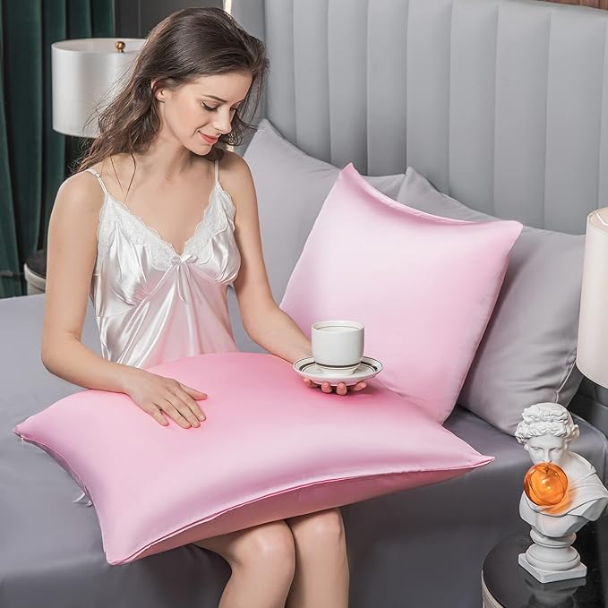 Mulberry Silk Pillowcase for Hair and Skin,Standard Size Cooling Silk Pillow Case with Hidden Zipper,Allergen Proof Dual Sides Soft Breathable Smooth Silk Pillow Cover for Women(Queen,Pink)
