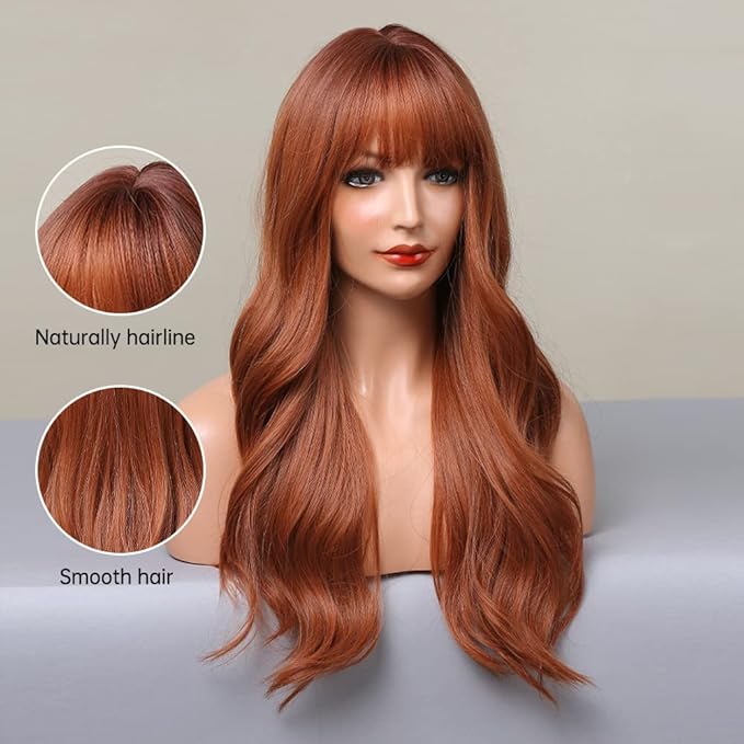 EMMOR Orange Brown Long Wigs for Women, Natural Wavy wig with Bangs Heat Resistant Fiber Synthetic Wigs for Daily Party（Strawberry blonde）
