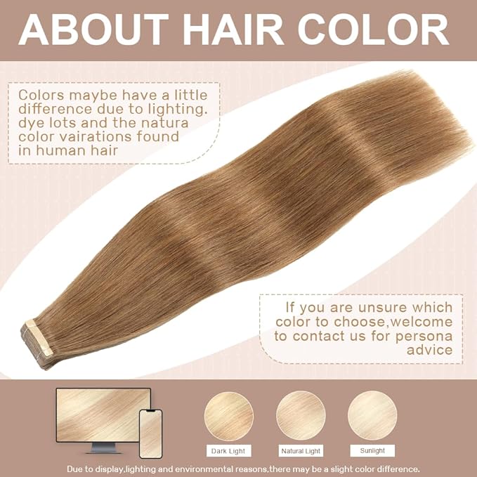 Tape in Hair Extensions Human Hair 16 Inch 20pcs Invisible Tape ins Hair Extensions Real Human Hair Tawny Brown Remy Seamless Injected Tape Extensions