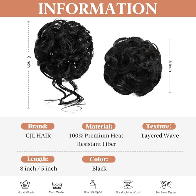 CJL HAIR 2PCS Messy Bun Hair Pieces Wavy Curly Synthetic Updo Chignon Fake Scrunchies Ponytail Extension for Women Black