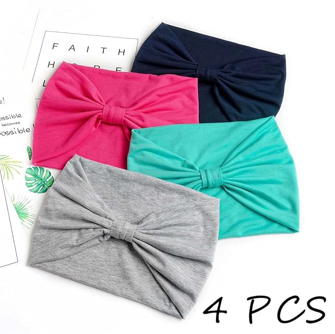 Wide Headbands Stretch Turban Knotted Hairbands Elastic Yoga Workout Sweatband Running Sport Head Scarf Large African Head Wraps for Women 4 Pcs (Set C)