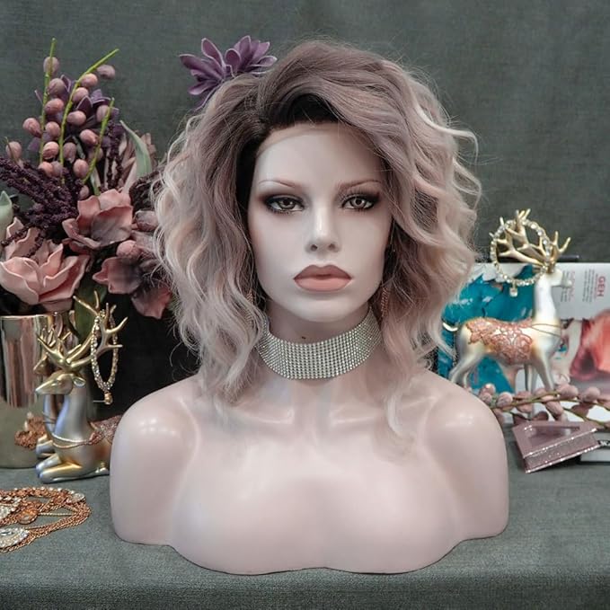 IMSTYLE White Pink Brown Ombre Blonde Lace Front Wigs Short Bob Wavy Wigs Synthetic Hair Wig Free Part with Natural Hairline Shoulder Length for Women (White Brown Ombre Blonde)