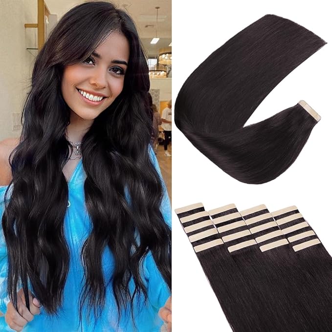Tape in Hair Extensions Human Hair, 20pcs 14 Inch Natural Black Remy Hair Extensions Straight Human Hair Tape in Extensions Skin Weft Tape Extensions Human Hair (1B#,14 Inch)