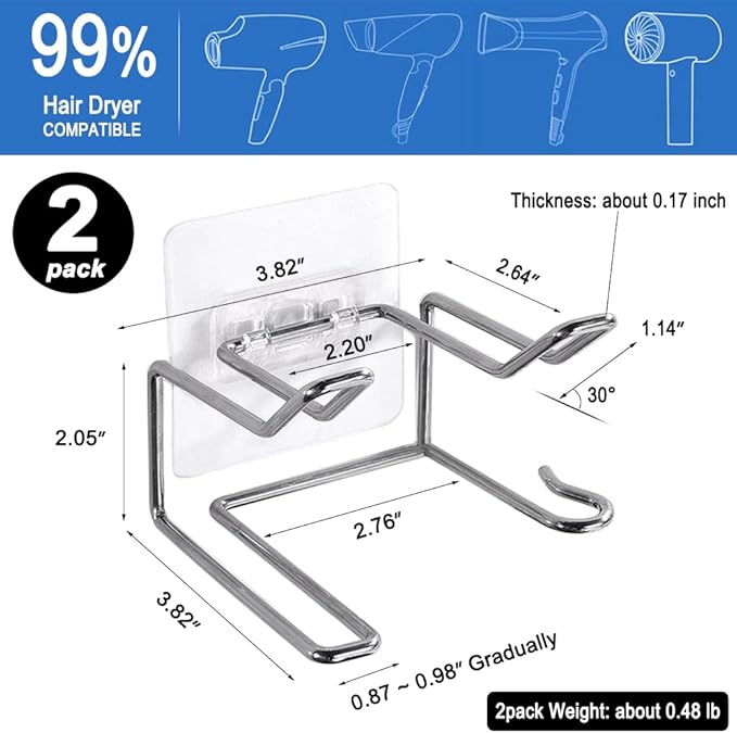 2 Pack Hair Dryer Holder, Wall Mount Self Adhesive Waterproof Blow Dryer Rack Storage Organizer Hanger, Compatible with Dyson and Most Hair Blower Appliance, Brush, Curling Iron, Straightener