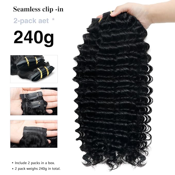 Deep Wave Clip in Hair Extensions Real Human Hair 2 Pack 240g Seamless Clip in Hair Extensions for Women Full Max with 16Pcs PU Thin Weft 22inch Natural Black