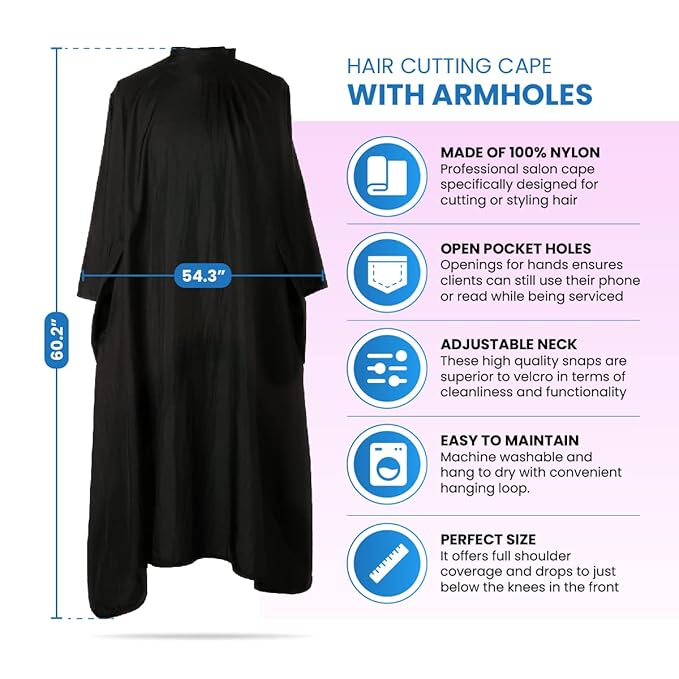 Hair Cutting Cape with Armholes - Professional 100% Nylon Black Salon Cape - Lightweight, Water-Resistant Hairdresser Smock for Cutting, Coloring, and Styling - Comfortable Gown for Salon or Home