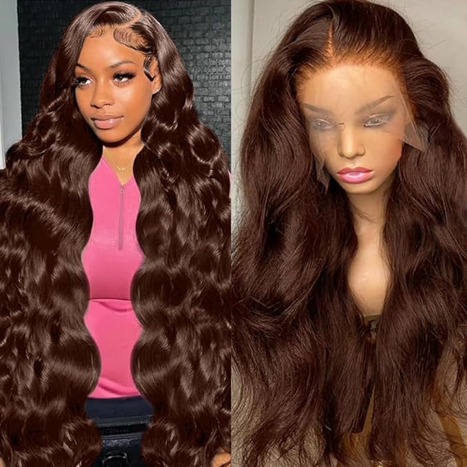 abbildung 28inch Chocolate Brown Lace Front Wig Human Hair 13x6 HD Transparent Body Wave Lace Front Wigs Human Hair Pre Plucked Glueless Frontal Brown Wig Human Hair 180% Density #4