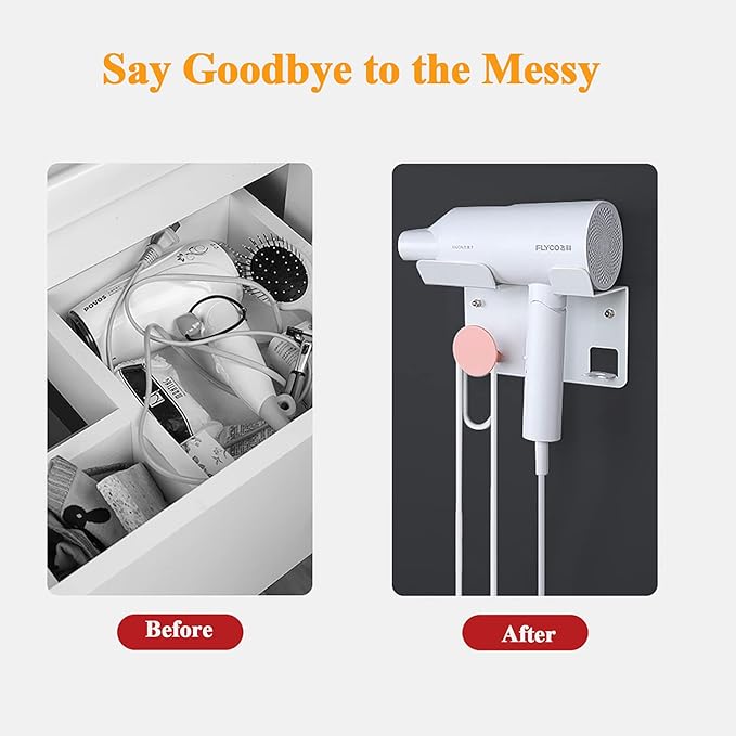 Hair Dryer Stand Holder Wall Mounted, New Upgrade Punching or Nails Free Glue Two Ways to Use,Blow Dryer Holder Rack Organizer for Dyson Supersonic Hair Dryer(White+Pink)