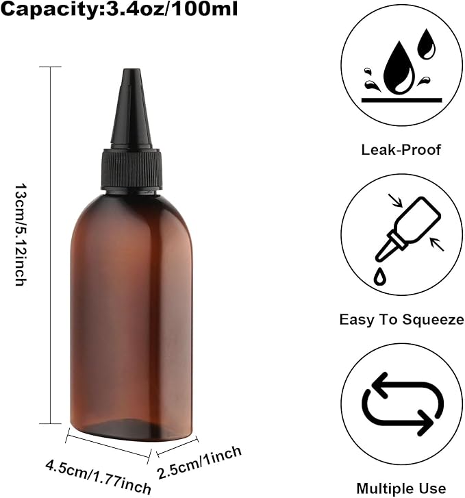 Cosywell Paint Bottles 4Pack 100ml/3.4oz Empty Squeeze Bottles Leak-Proof Plastic Hair Oil Applicator Bottle with Cap Paint Storage Containers for Paint Art Crafts Shampoo Liquids(Brown)