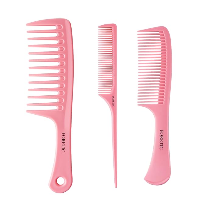 Hair Comb 3-in-1 Plastic Hair Comb Set For Women, Men - Wide Tooth, Rat Tail, and Regular Tooth Detangling Hair Combs for All Hair Types-Pink