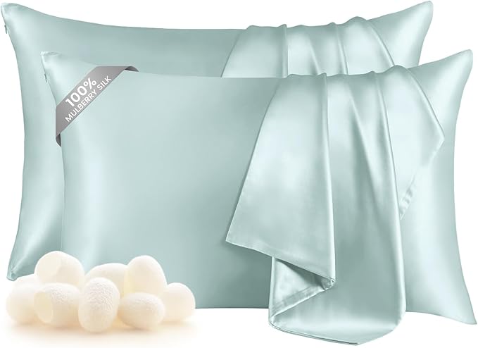 THXSILK Set of 2 100% Mulberry Silk Pillowcase for Hair and Skin Health, Soft Breathable and Smooth Pillowcases with Hidden Zipper, Both Sides Premium Grade 6A+ Silk, Standard 20"x26", Light Blue