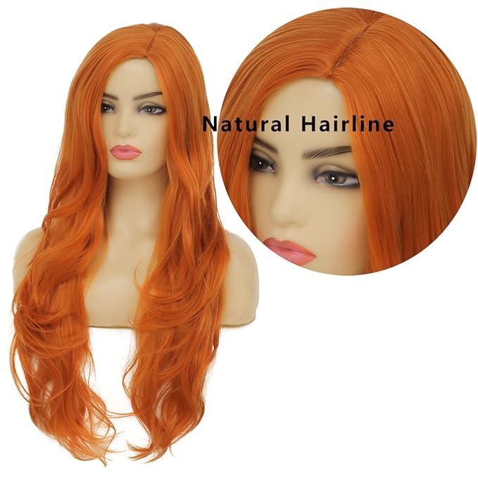 Baruisi Long Curly Wavy Orange Wigs for Women Side Part Natural Looking Synthetic Cosplay Hair Wig,Orange