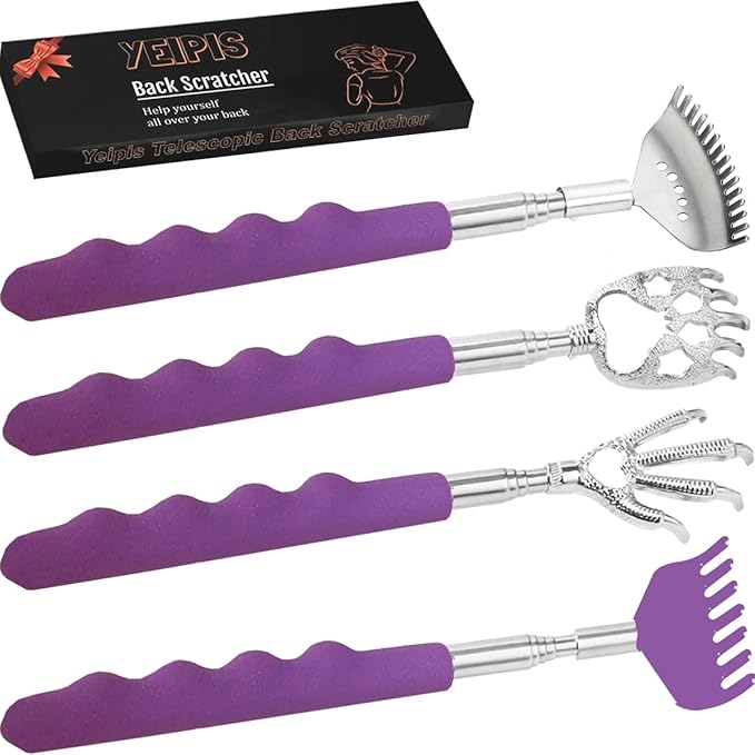 4 Pack Different Back Scratcher Metal Portable Telescoping Tool with Beautiful Box, Extendable Back Massager with Rubber Handles, Gifts for Men Women Kids Adults (Purple)