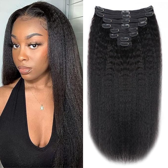 Kinky Straight Human Hair Clip in Extensions 120g Full Head Clip ins for Women 100% Unprocessed Brazilian Virgin Human Hair Yaki Straight Clip ins Remy Hair Natural Black 8Pcs 18Clips 12inch