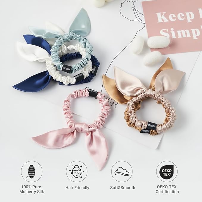 THXSILK Hair Silk Scrunchies with Bow for Women Pure Mulberry Silk Hair Cute Ring Ties Scrunchies for Girls Women's Thick Hair, Navy Blue, 2.8"
