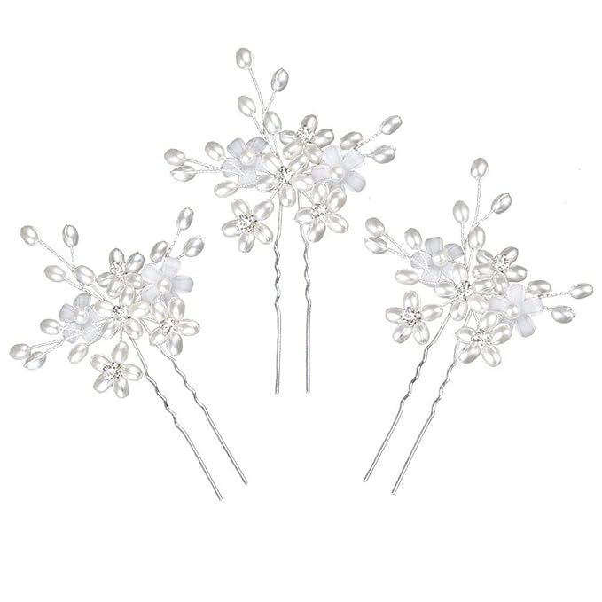 Elegant Pearl Wedding Hair Pins, Bendable Floral Crystal Hair Accessories for Bridal Women, Pack of 3 (Silver)
