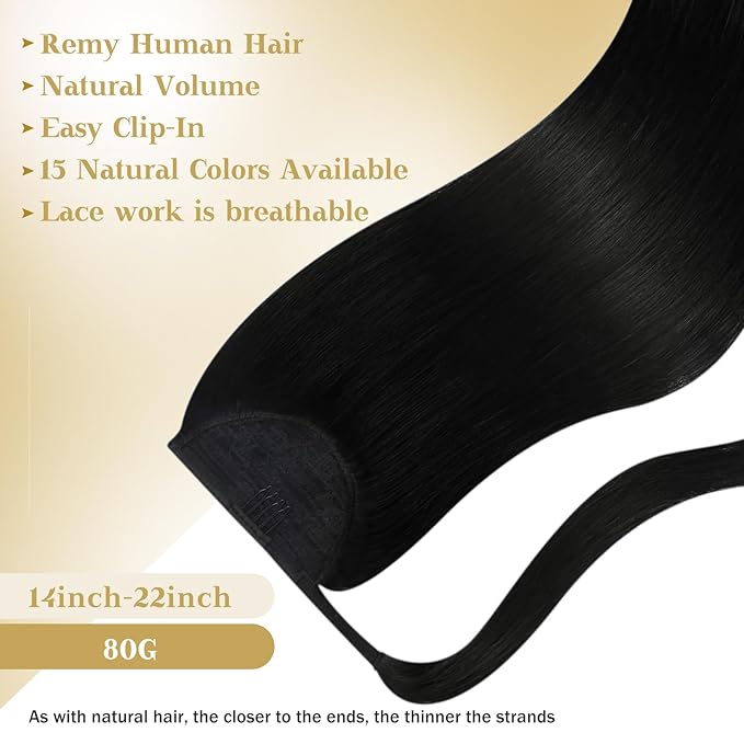Ve Sunny Hair Extensions Ponytail Real Human Hair Wrap Around Clip in Ponytail Hair Extensions Straight Extensions Human Hair for Women Jet Black 20inch 80G