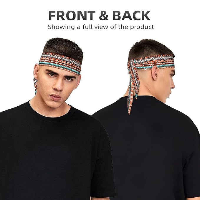Men Women Beauty Skinny Sports Sweat Band Hand Decor for Running Travel Spa, Long Boho Style Indiana Western Southwest Tribal Ethnic Aztec Geometric Hair Band Headdress