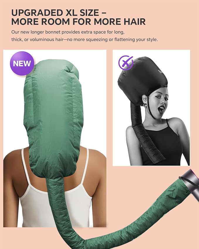 Hair Dryer Bonnet Attachment – 28.5" XL Hooded Dryer Cap for Faster Drying & Deep Conditioning, Extra-Large Space Fits Thick, Curly Hair & Styling Tools (Green, Extra Large)