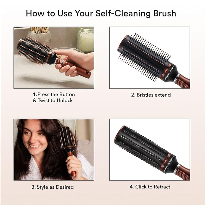 Self Cleaning Brushes for Women - Roller Retractable Detangler Round Brush for Blow Out Travel Brown Christmas Gifts for Womens