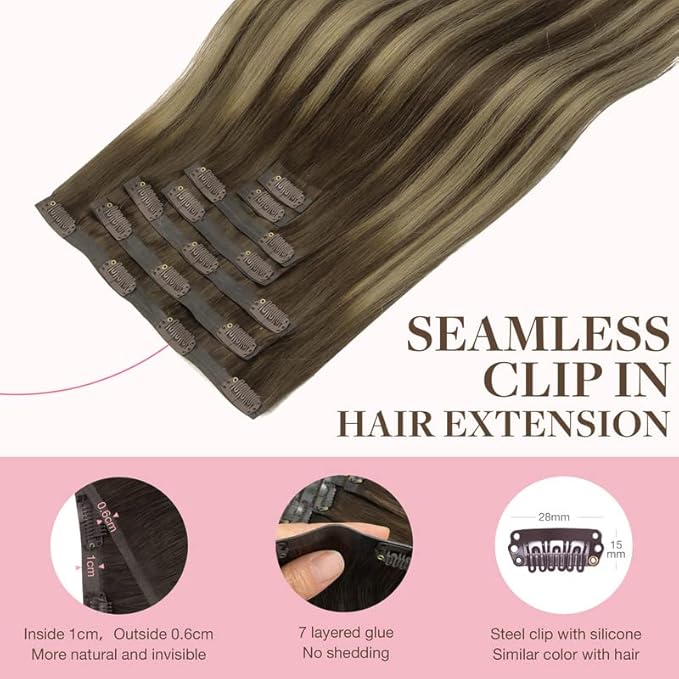 GOO GOO Clip in Hair Extensions Real Human Hair, Remy Human Hair Extensions Clip ins for Women, Natural Human Hair, 22inch 110g 7Pcs, 4/26/4 Balayage Chocolate Brown to Honey Blonde