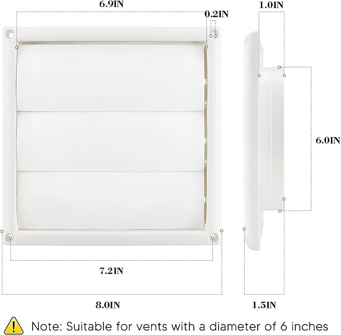 Funmit 6" Louvered Vent Cover 8" x 8" Oversize Outside Dimensions for Exterior Wall Vent Hood Outlet Airflow Vent Dryer Air Vent (White)