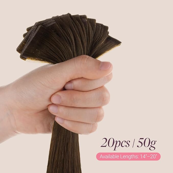 GOO GOO Genius Tape in Hair Extensions, Hand Tied Tape Weft, 4A Chocolate Brown, 18inch 50g 20pcs, Remy Human Hair, Seamless Invisible Tape, Natural Blend, Lightweight
