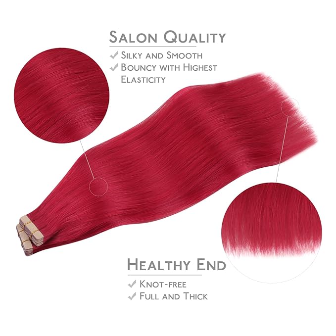 WENNALIFE Tape in Hair Extensions Human Hair, 40pcs 100g 24 inch Red Hair Extensions Real Human Hair Straight Tape in Extensions Invisible Extensions Reusable