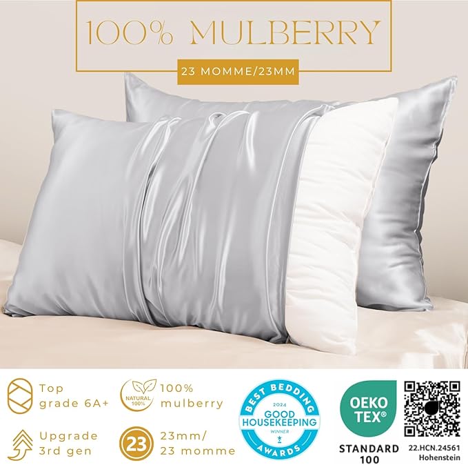 PROMEED 23 Momme Silk Pillowcase 2 Pack with Zipper, 3rd Gen Grade 6A+ 100% Mulberry Silk Pillow Case Set of 2, Cooling Pillow Cases for Hot Sleepers (King 20"x36", Light Grey)