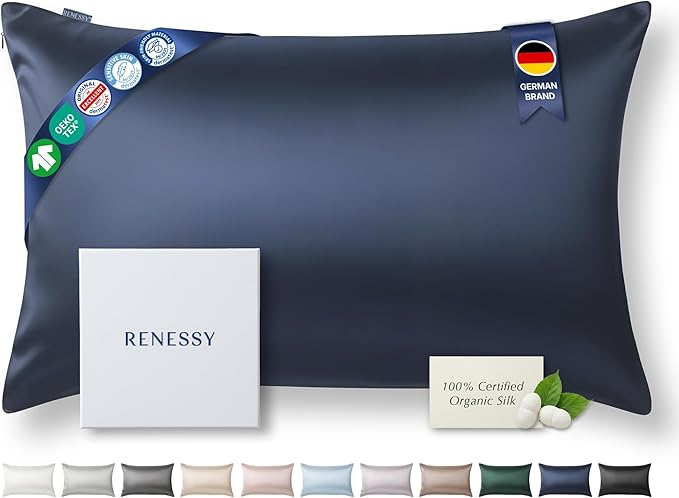 Premium Silk Pillowcase 100% Organic Mulberry Silk, 22 Momme, Grade 6A - Oeko-Tex Certified in Germany - Luxury for Hair & Skin, 1 Piece (Standard Size 20x26 Inches, Navy Blue)