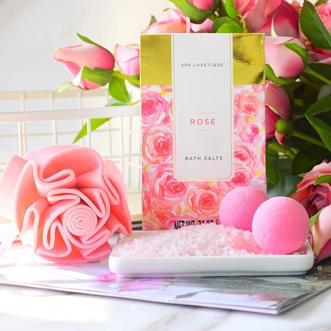 Spa Luxetique Spa Gift Set, Bath Gift Set for Women, 10 Pcs Rose Bath Set, Pink Tote Gift Bag with Shower Gel, Bubble Bath, Body Lotion, Hand Cream, Christmas Beauty Gifts for Women
