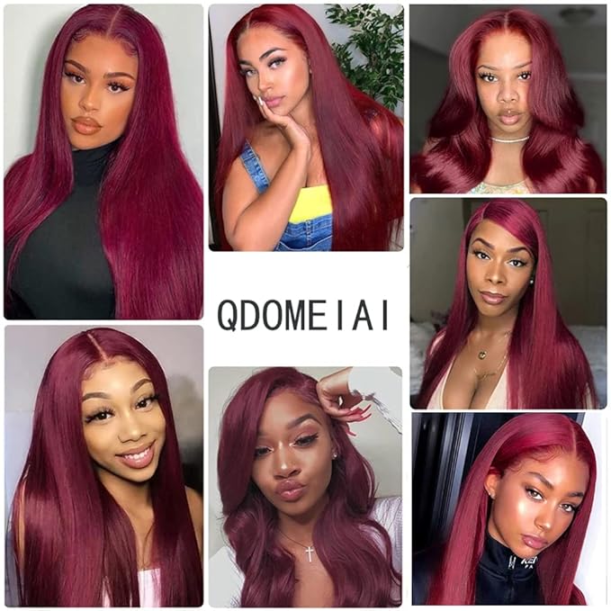 Burgundy 99J Lace Front Wigs Human Hair Pre Plucked Wine Red 13x4 Straight Lace Frontal Wig with Baby Hair for Black Women 150% Density Wig Colored Brazilian Virgin Hair Wig 18 Inch
