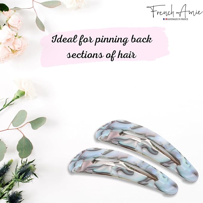 French Amie Clic Clac Large Handmade Celluloid Acetate Set of 2 Snap Hair Clips No Slip Side Slide-in Barrette for Women and Girls (Aqua Marbel)