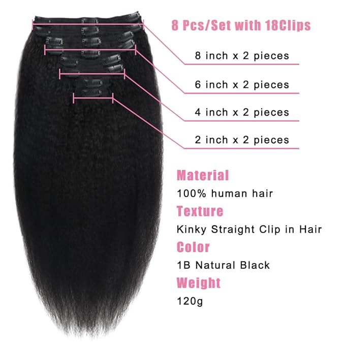 Kinky Straight Human Hair Clip in Extensions 120g Full Head Clip ins for Women 100% Unprocessed Brazilian Virgin Human Hair Yaki Straight Clip ins Remy Hair Natural Black 8Pcs 18Clips 20inch
