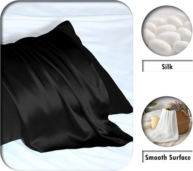 Mulberry Silk Pillowcase for Hair and Skin Pillow Case with Hidden Zipper Soft Breathable Smooth Cooling Silk Pillow Covers for Sleeping (Black, King（20"X 36"）)