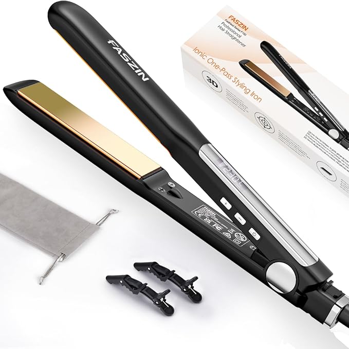 Faszin Professional Hair Straightener, 1.18 inch Ionic Titanium Plate, 20S Fast Heat Up Flat Iron with Clear LED Display, 2 in 1 Straightener and Curler Styling Tool for Straighten Hair (Black)