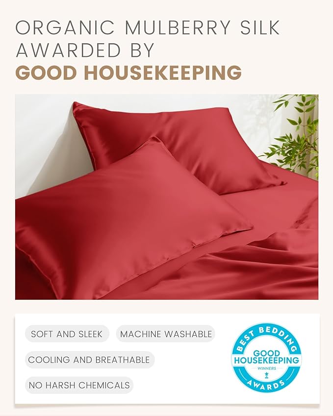 THXSILK Set of 2 100% Pure Mulberry Silk Pillowcase for Hair and Skin, Highest 6A+ Grade Silk Pillow Case Standard Size, Real Silk Pillowcase with Zipper (Red, Standard Size 20"x26")