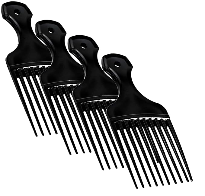 Plastic Hair Pick Comb – Wide Tooth Afro Lift Picks - Pack of 4 Combs - 5.25 Inch - for Styling Lifting Detangling Adding Volume for Long Curly and Thick Hair, Wigs and Beards for Men & Women